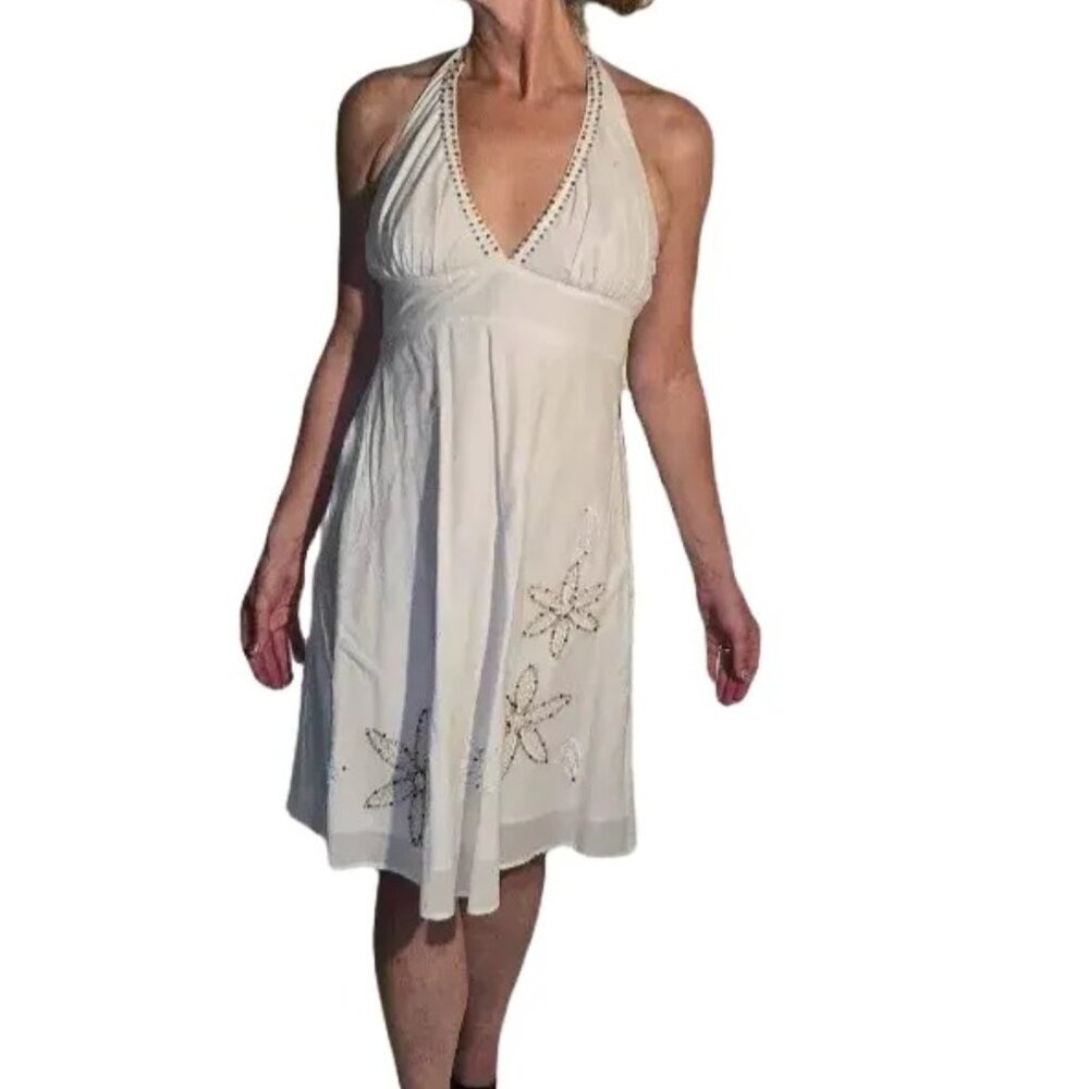 Kaity White Sheer Embellished Dress | Large | Halter V-Neck